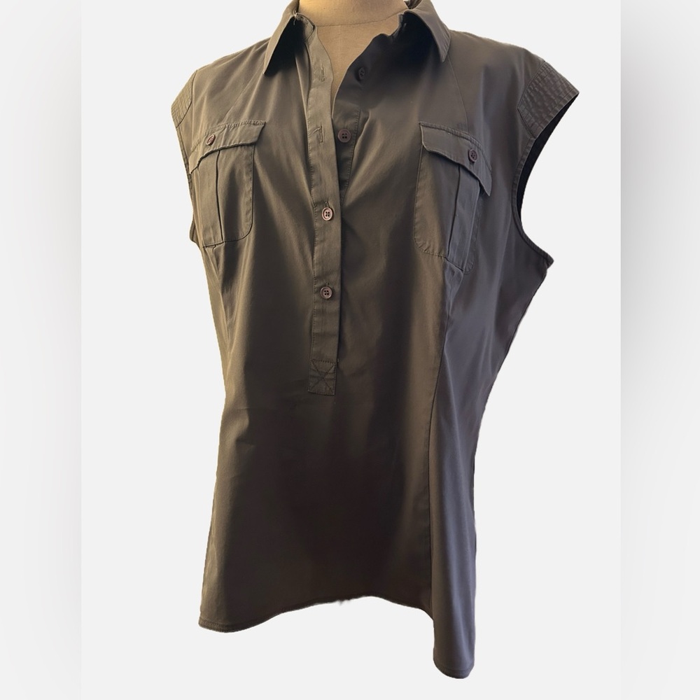 Lafayette 148 New York Slate Green Sleeveless Blouse | Semi-Stretch | Size 14